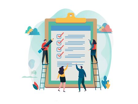 People fill out checklist on a clipboard. Online survey. fill out a form. research, election. Flat cartoon character graphic design. Landing page template,banner,flyer,poster,web page