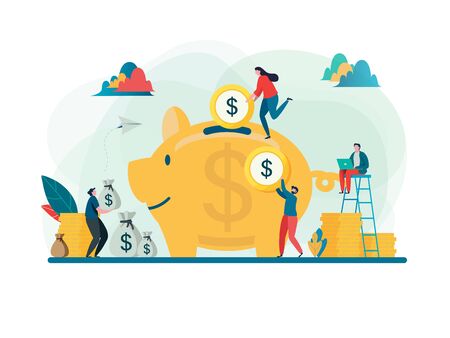 Save money concept. Business finance and investment. Large piggy bank. Flat cartoon character graphic design. Landing page template,banner,flyer,poster,web pageのイラスト素材