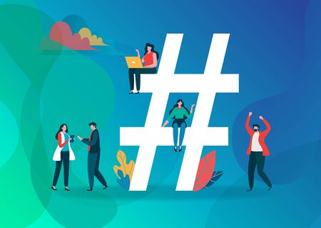 Hashtag Symbol vector illustration. Group of people on social media. Flat cartoon character graphic design. Landing page template,banner,flyer,poster,web pageのイラスト素材