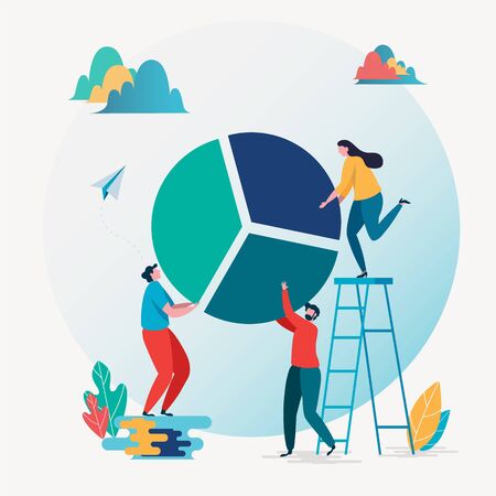Business report. Financial management, Teamwork, Statistics, Pie chart. Vector illustration. Flat cartoon character graphic design. Landing page template,banner,flyer,poster,web pageのイラスト素材