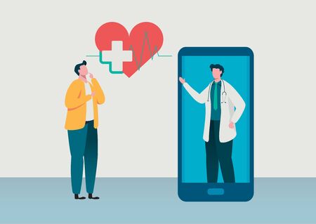 People consultation to the doctor. Online diagnosis. Online hospital health care concept, Medical team. Healthy Application. Flat vector illustration modern character design.のイラスト素材