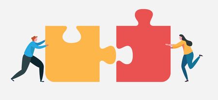 Teamwork successful together concept. Marketing content. Business People Holding the big jigsaw puzzle piece. Flat cartoon illustration vector graphic design on white background. Landing page templateのイラスト素材