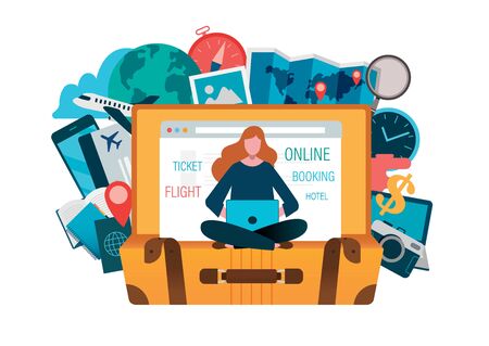 Online booking, Online Ticket, book flight, buying tickets online. Travel concept. Flat vector illustration modern design.  Mobile Application,のイラスト素材