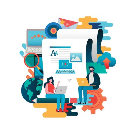Blogging, Blogger. Freelance. Creative writing. Copywriter. Content management, Job, Journalist. Flat cartoon character illustration vector graphic. flat style background.のイラスト素材