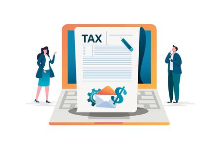 Online tax payment concept, people filling application form tax form. Flat vector illustration. cartoon character graphic design. Landing page templateのイラスト素材