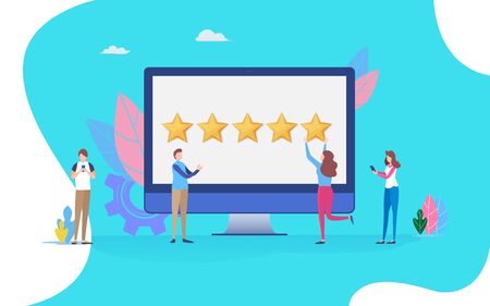 User giving five star rating. feedback review scroll. People vector illustration. Flat cartoon character graphic design. Landing page templateのイラスト素材
