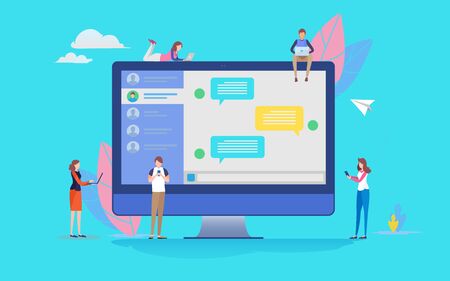 Group of people use social media online chatting application. People vector illustration. Flat cartoon character graphic design. Landing page templateのイラスト素材