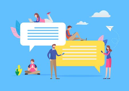 Young people chatting in social media via smartphone and laptop. Speech bubble message. vector illustration. Flat cartoon character graphic design. Landing page template,banner,flyer,poster,web pageのイラスト素材