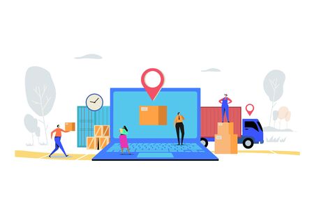 Online delivery service concept, Order, Cargo, Mobile App, GPS Tracking Service. Worldwide Logistic Delivery.  Flat cartoon character graphic design.のイラスト素材