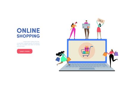 Shopping online. Shop on mobile. People vector illustration. Flat cartoon character graphic design.のイラスト素材