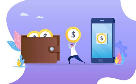 People transfer money from smartphone to wallet. Flat cartoon character graphic design. Landing page template,banner,flyer,poster,web pageのイラスト素材
