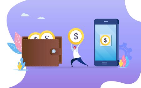 People transfer money from smartphone to wallet. Flat cartoon character graphic design. Landing page template,banner,flyer,poster,web pageの素材 [FY310146294408]