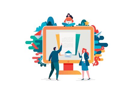 People fill out a form. Online application. Flat cartoon character graphic design. Landing page,banner,flyer,poster,web pageのイラスト素材