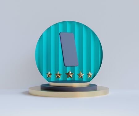 Product review. Rating. User experience. Feedback review scroll. User giving five star rating via smartphone. 3d rendering background. smartphone mock up. の写真素材