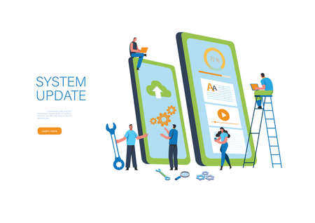 System updates with people updating operation in computing and installation programs. Flat vector illustration modern character design. For a landing page, banner, flyer, poster, web page.のイラスト素材