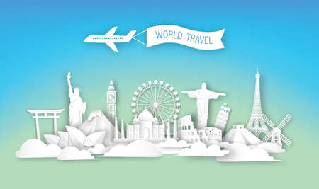 World travel landmarks architecture  of Europe, Asia and America in paper cut art style vector illustration background. brochure,flyer,landing page.のイラスト素材