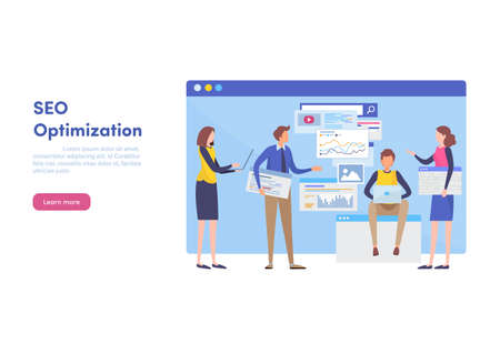 Website SEO optimization, Internet marketing, Landing page template for website for programming. Web design banner. Search Engine tools. Flat cartoon illustration vector graphic on white background.のイラスト素材