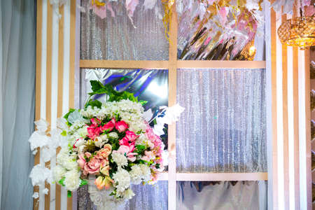 Colorful artificial paper flowers vase based wedding stage decoration. Plastic artificial flower. wedding decoration.の写真素材