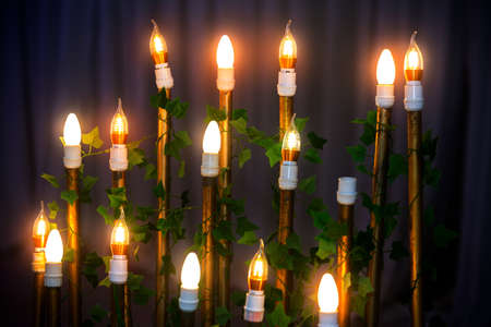 Decorative antique Edison style filament light bulbs standing on wedding stage decoration background.の写真素材
