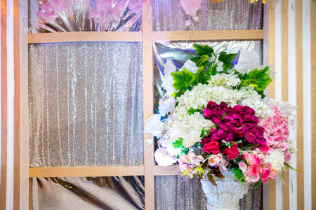 Colorful artificial paper flowers vase based wedding stage decoration. Plastic artificial flower....