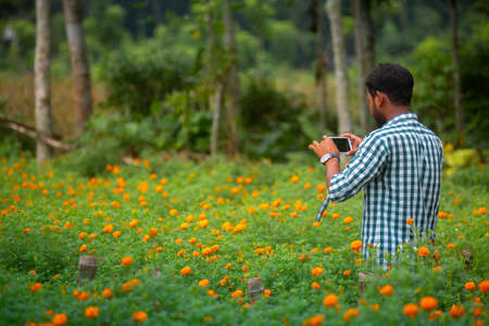Bangladesh â€“ October 05, 2020: A man is photographing beautiful blooms orange marigold...