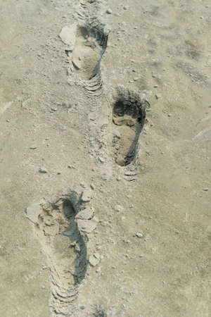Multiple Footprints on a sandy beach. Deep footprints in wet sand. Sand background.
