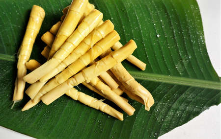 Yellow pickled bamboo shoots placed on green banana leaves. Eat with shrimp paste chili pasteの写真素材