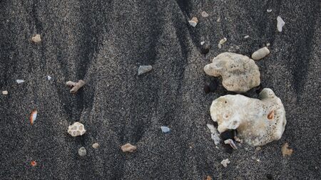 the rocks on the beach sand are gray in the morning, with less light, out of focus, suitable for the...