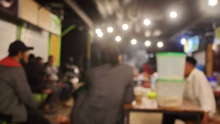Blurred bokeh of the dining tables and chairs in vintage style image.の写真素材