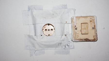 Power plug and phone plug are protected with masking tape at the wallの写真素材
