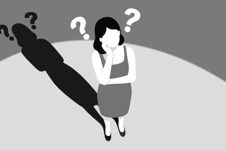 Young woman doubts and questioning everything. 2D illustration. Young girl in casual clothes surrounded by a question mark. Flat cartoon 2D illustration.の素材