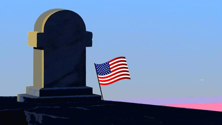 Tombstone with an American flag on the cemetery. Memorial day concept. soldier's tombstone. An American flag is place on the graveの素材