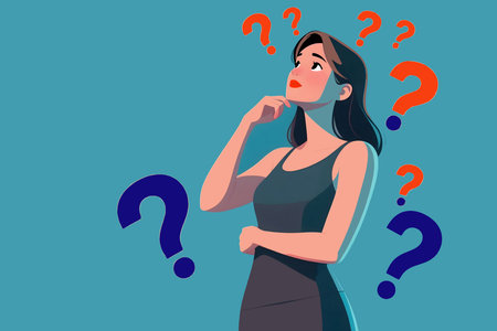 Young woman doubts and questioning everything. 2D illustration. Young girl in casual clothes surrounded by a question mark. Flat cartoon 2D illustrationの素材