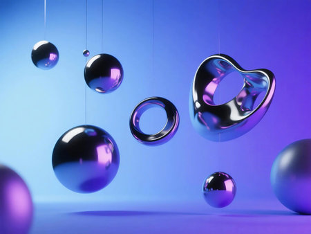 Abstract chrome 3D shapes sphere, torus, and wave floating on a bold violet, blue background with soft spotlight lighting. Perfect for AI design, tech branding, or futuristic themes.の素材
