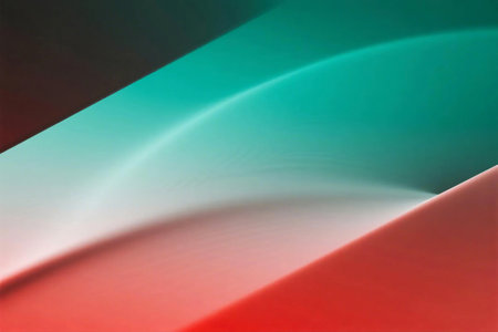 Abstract background featuring fluid red and teal ombre waves. Smooth gradients, dynamic curves, and a glossy finish create a modern and vibrant visual perfect for design and brandingの素材