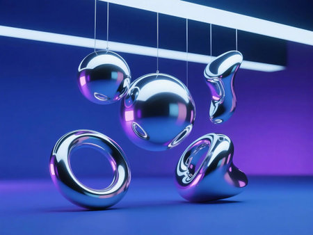 Abstract chrome 3D shapes sphere, torus, and wave floating on a bold violet, blue background with soft spotlight lighting. Perfect for AI design, tech branding, or futuristic themes.の素材