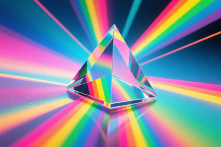 Vibrant 3D illustration of transparent glass prisms reflecting rainbow light on a dark background. Futuristic and abstract design ideal for science, tech, or creative visual concepts.の素材