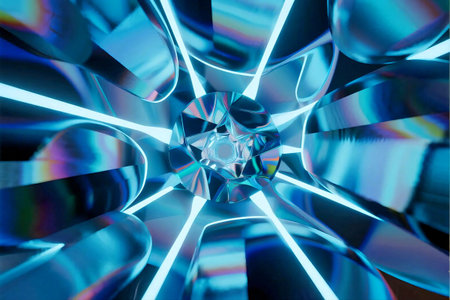 A vibrant retro-futuristic neon grid with glowing prism effects and holographic elements. Ideal for tech, digital art, or retro wave aesthetics.の素材