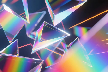 Vibrant 3D illustration of transparent glass prisms reflecting rainbow light on a dark background. Futuristic and abstract design ideal for science, tech, or creative visual concepts.の素材