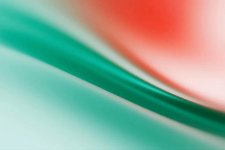Abstract background featuring fluid red and teal ombre waves. Smooth gradients, dynamic curves, and a glossy finish create a modern and vibrant visual perfect for design and brandingの素材