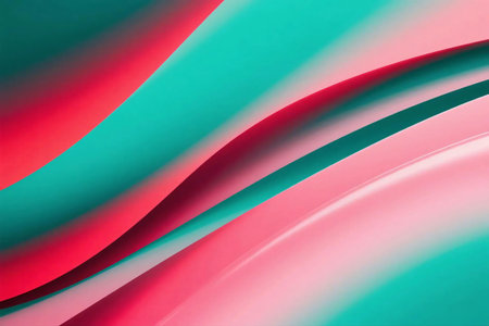 Abstract background featuring fluid red and teal ombre waves. Smooth gradients, dynamic curves, and a glossy finish create a modern and vibrant visual perfect for design and brandingの素材
