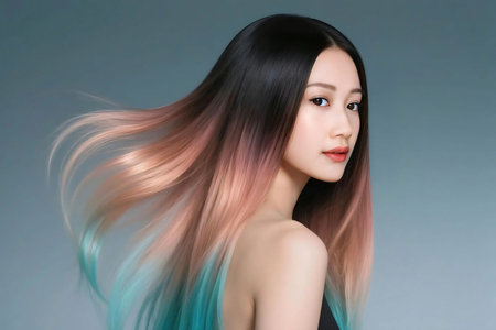 Portrait of a beautiful woman with silky long ombre hair blending black, pink, peach, and aqua blue. Soft lighting, flowing motion, and modern beauty style on gradient background.の素材