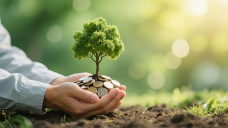 Investment Concept. Plant Growing In Savings Coins Money. Business Development.の素材