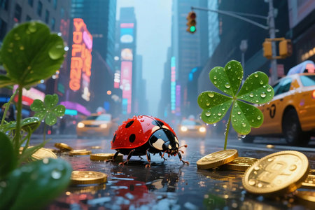 A ladybug crawls near golden coins and wet clovers on a rainy street in NYC. Urban luck and nature meet. Ideal for themes of fortune, contrast, and hope in the city.の素材