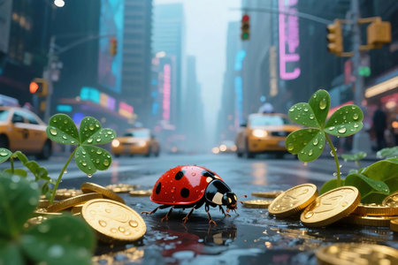 A ladybug crawls near golden coins and wet clovers on a rainy street in NYC. Urban luck and nature meet. Ideal for themes of fortune, contrast, and hope in the city.の素材