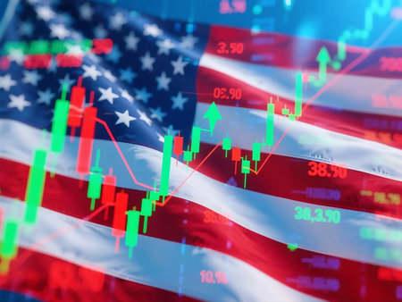 Candlestick stock chart overlaid with the American flag, symbolizing the US financial market, economy, investment trends, and Wall Street trading. Great for economic and finance-related visuals.の素材