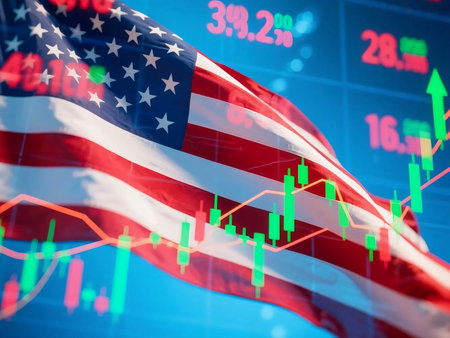 Candlestick stock chart overlaid with the American flag, symbolizing the US financial market, economy, investment trends, and Wall Street trading. Great for economic and finance-related visuals.の素材