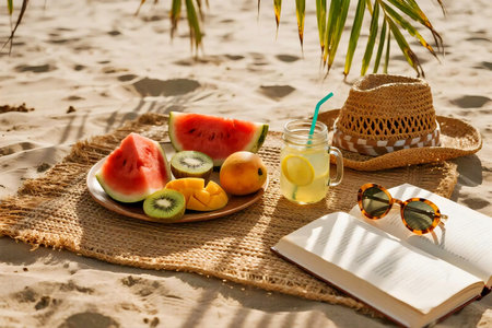 Flat lay of fresh tropical fruits, lemonade, open book, and sunglasses on woven mat at the beach. Bright summer sunlight, vacation mood, perfect for lifestyle, food, or travel content.の素材