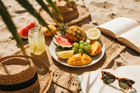 Flat lay of fresh tropical fruits, lemonade, open book, and sunglasses on woven mat at the beach. Bright summer sunlight, vacation mood, perfect for lifestyle, food, or travel content.の素材