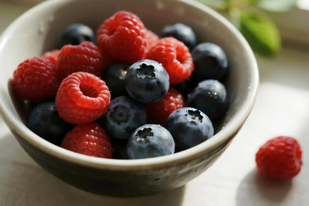 Close up of fresh blueberries and raspberries with mint leaves in a ceramic bowl on a rustic wooden table. Natural daylight, vibrant colors, perfect for food, summer, or health-themed content.の素材